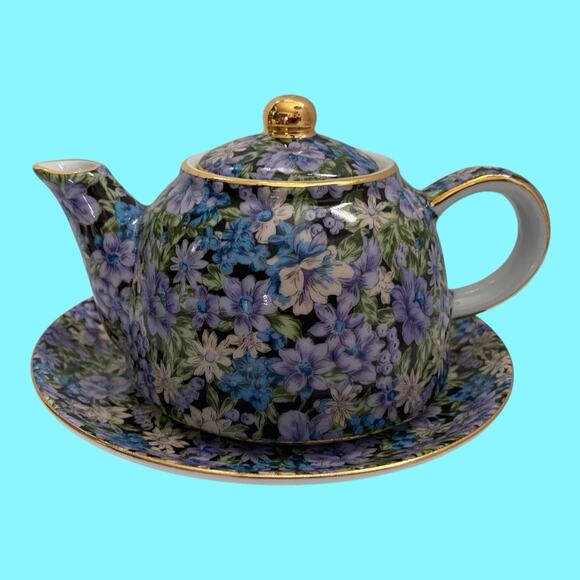 "Mollie" Chintz Two's Company Teapot And Saucer Blue Purple Demitasse - Picture 1 of 13